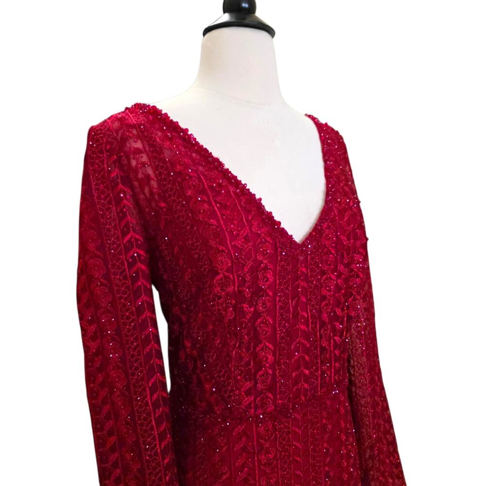 Mac Duggal Dress 12 Red Formal 20271 Embellished Long Sleeve Burgundy Gown - Picture 4 of 12